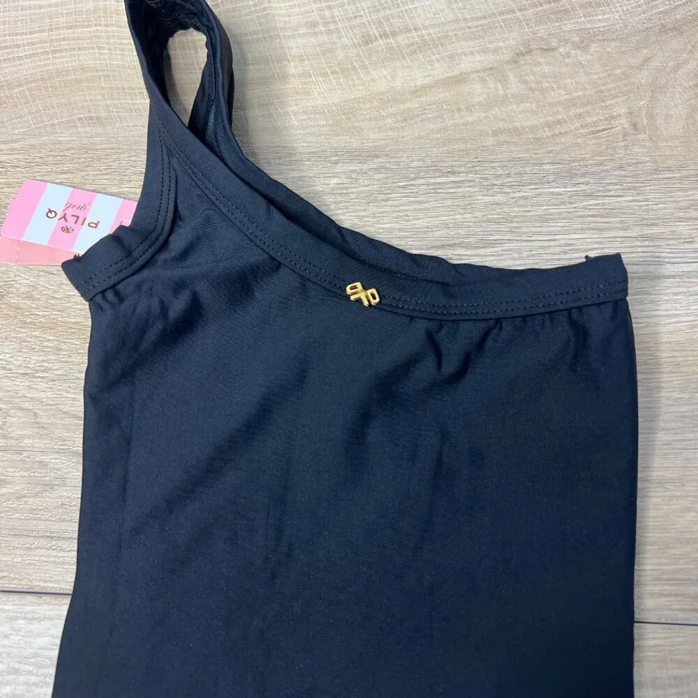 NWT Pilyq Girls One Shoulder One Piece Swimsuit Black Rainbow Metallic Size 4‎